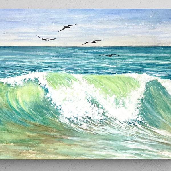 Pelican and Waves Original Watercolor Painting, Prints, and Notecards.  Large Crashing Wave Seascape