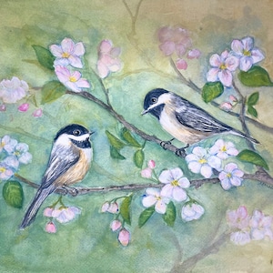 Peinture florale aquarelle de mésanges et fleurs de cerisier, gravures et cartes