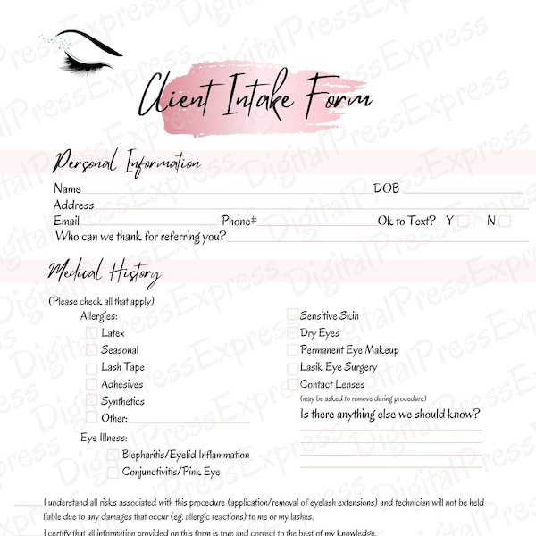 Eyelash Extension Consent Form / New Client Intake Form