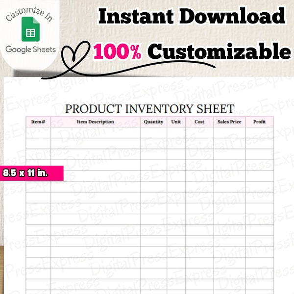 Digital Inventory Sheet and Tracker Template for Small Business Planning, Management, and Pricing - Google Sheets Printable
