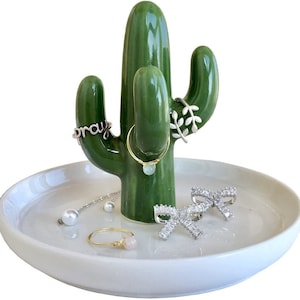 Ring Holder Stand Dish Cactus for Jewelry, Ceramic Succulent Organizer Display Chic Cute Kawaii Home Decor Plant Gift for Mom Wife Girlfiend