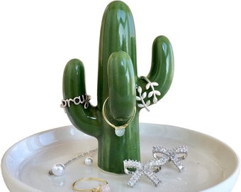 Ring Holder Stand Dish Cactus for Jewelry, Ceramic Succulent Organizer Display Chic Cute Kawaii Home Decor Plant Gift for Mom Wife Girlfiend