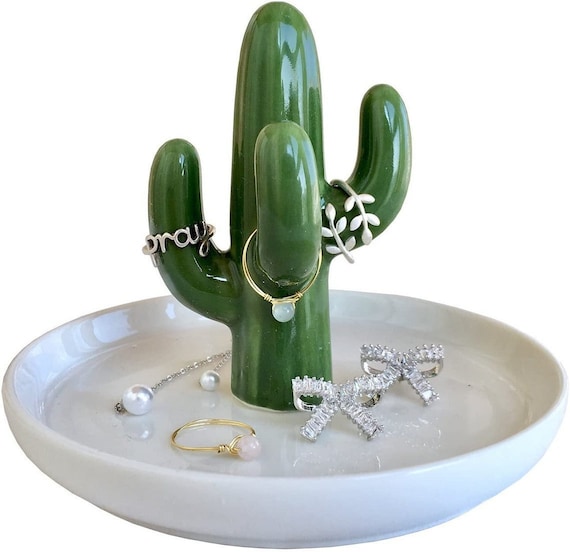 Ring Holder Stand Dish Cactus for Jewelry, Ceramic Succulent Organizer  Display Chic Cute Kawaii Home Decor Plant Gift for Mom Wife Girlfiend 