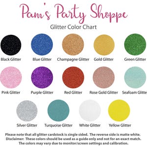 K&ouml;nnte beinhalten: Eine Farbkarte mit 12 verschiedenen Glitzerfarben. Die Farben sind Schwarz, Blau, Champagner, Gold, Gr&uuml;n, Rosa, Lila, Rot, Ros&eacute;gold, Meeresschaum, Silber, T&uuml;rkis, Wei&szlig; und Gelb. Der Text "Pam's Party Shoppe" und "Glitter Color Chart" befindet sich oben auf der Karte.