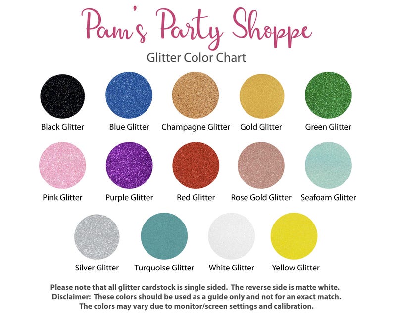 K&ouml;nnte beinhalten: Eine Farbkarte mit 12 verschiedenen Glitzerfarben. Die Farben sind Schwarz, Blau, Champagner, Gold, Gr&uuml;n, Rosa, Lila, Rot, Ros&eacute;gold, Meeresschaum, Silber, T&uuml;rkis, Wei&szlig; und Gelb. Der Text "Pam's Party Shoppe" und "Glitter Color Chart" befindet sich oben auf der Karte.