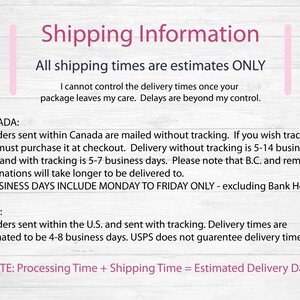 Puede incluir: Informaci&oacute;n de env&iacute;o para pedidos dentro de Canad&aacute; y los EE. UU. Los pedidos enviados dentro de Canad&aacute; se env&iacute;an sin seguimiento, pero el seguimiento se puede comprar al finalizar la compra. La entrega sin seguimiento es de 5 a 14 d&iacute;as h&aacute;biles, y con seguimiento es de 5 a 7 d&iacute;as h&aacute;biles. Los pedidos enviados dentro de los EE. UU. se env&iacute;an con seguimiento y los tiempos de entrega se estiman en 4 a 8 d&iacute;as h&aacute;biles. USPS no garantiza los tiempos de entrega. Nota: Tiempo de procesamiento + Tiempo de env&iacute;o = Fecha de entrega estimada.