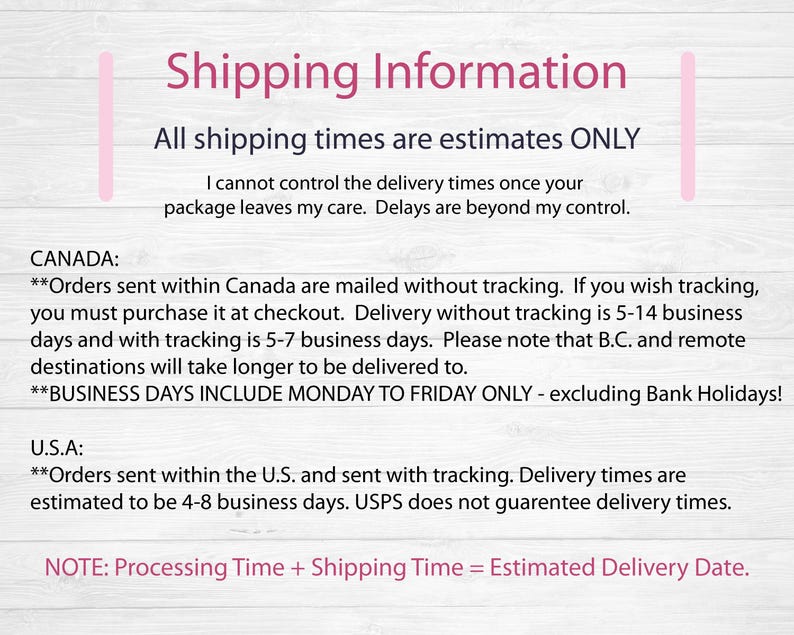 Puede incluir: Informaci&oacute;n de env&iacute;o para pedidos dentro de Canad&aacute; y los EE. UU. Los pedidos enviados dentro de Canad&aacute; se env&iacute;an sin seguimiento, pero el seguimiento se puede comprar al finalizar la compra. La entrega sin seguimiento es de 5 a 14 d&iacute;as h&aacute;biles, y con seguimiento es de 5 a 7 d&iacute;as h&aacute;biles. Los pedidos enviados dentro de los EE. UU. se env&iacute;an con seguimiento y los tiempos de entrega se estiman en 4 a 8 d&iacute;as h&aacute;biles. USPS no garantiza los tiempos de entrega. Nota: Tiempo de procesamiento + Tiempo de env&iacute;o = Fecha de entrega estimada.