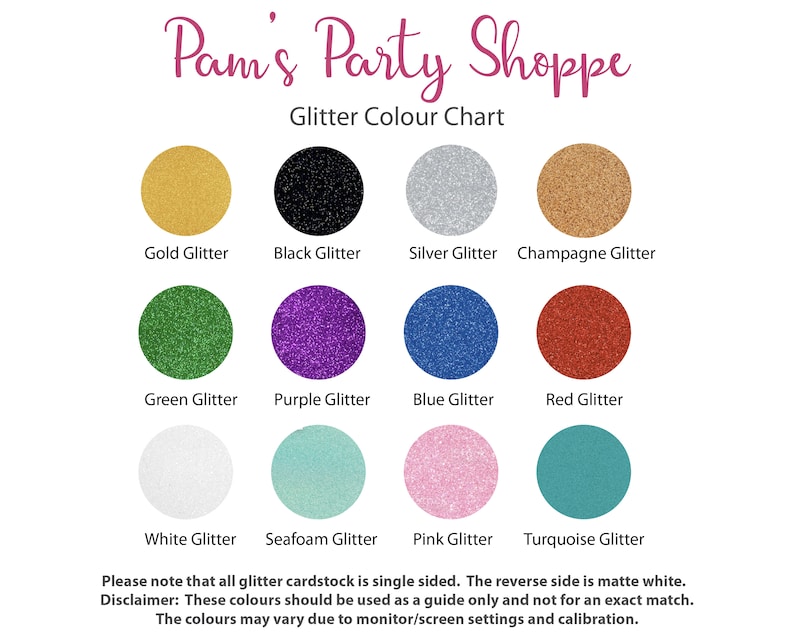Puede incluir: Una carta de colores que muestra 12 colores de purpurina diferentes. Los colores son: dorado, negro, plateado, champ&aacute;n, verde, morado, azul, rojo, blanco, espuma de mar, rosa y turquesa. La carta est&aacute; titulada "Pam's Party Shoppe Glitter Colour Chart".
