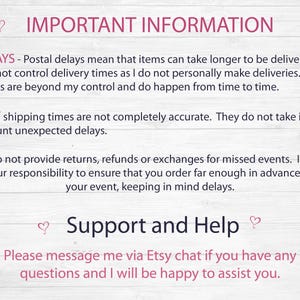 Puede incluir: Informaci&oacute;n importante sobre los retrasos en el env&iacute;o y la atenci&oacute;n al cliente. El texto indica que los retrasos postales pueden ocurrir y est&aacute;n fuera del control del vendedor. El vendedor tambi&eacute;n indica que no proporciona devoluciones, reembolsos o cambios por eventos perdidos. El texto anima a los clientes a ponerse en contacto con el vendedor a trav&eacute;s del chat de Etsy si tienen alguna pregunta.