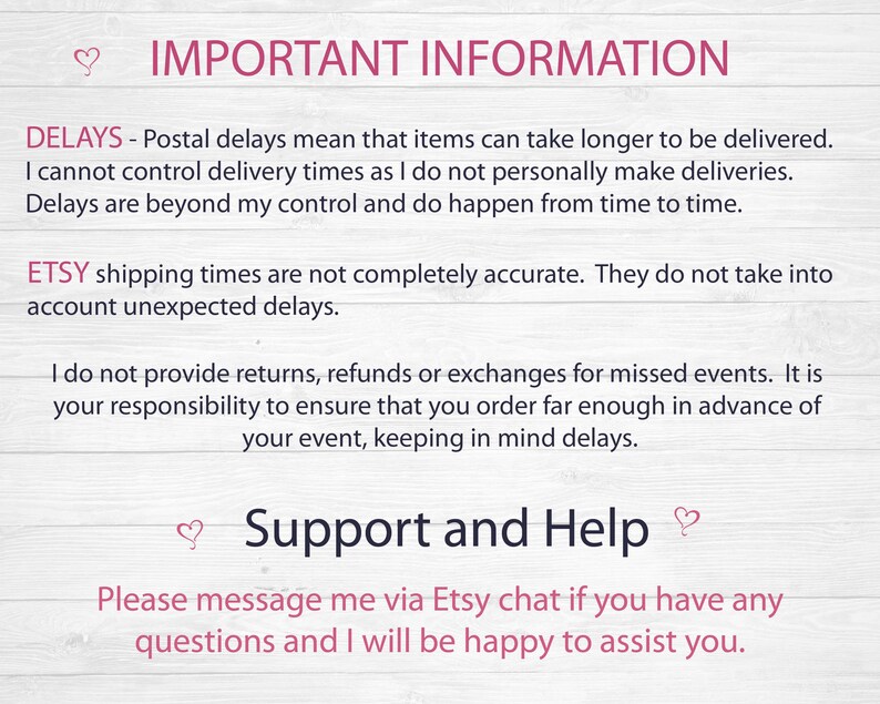 Puede incluir: Informaci&oacute;n importante sobre los retrasos en el env&iacute;o y la atenci&oacute;n al cliente. El texto indica que los retrasos postales pueden ocurrir y est&aacute;n fuera del control del vendedor. El vendedor tambi&eacute;n indica que no proporciona devoluciones, reembolsos o cambios por eventos perdidos. El texto anima a los clientes a ponerse en contacto con el vendedor a trav&eacute;s del chat de Etsy si tienen alguna pregunta.