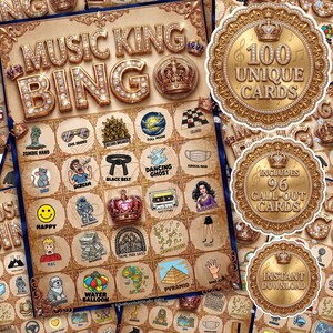 Puede incluir: Un juego de Bingo Music King con un dise&ntilde;o vintage. El tablero del juego presenta varias im&aacute;genes tem&aacute;ticas y las palabras "Music King Bingo" en una fuente enjoyada. Incluye 100 cartas &uacute;nicas y 96 cartas de llamada. Descarga instant&aacute;nea.