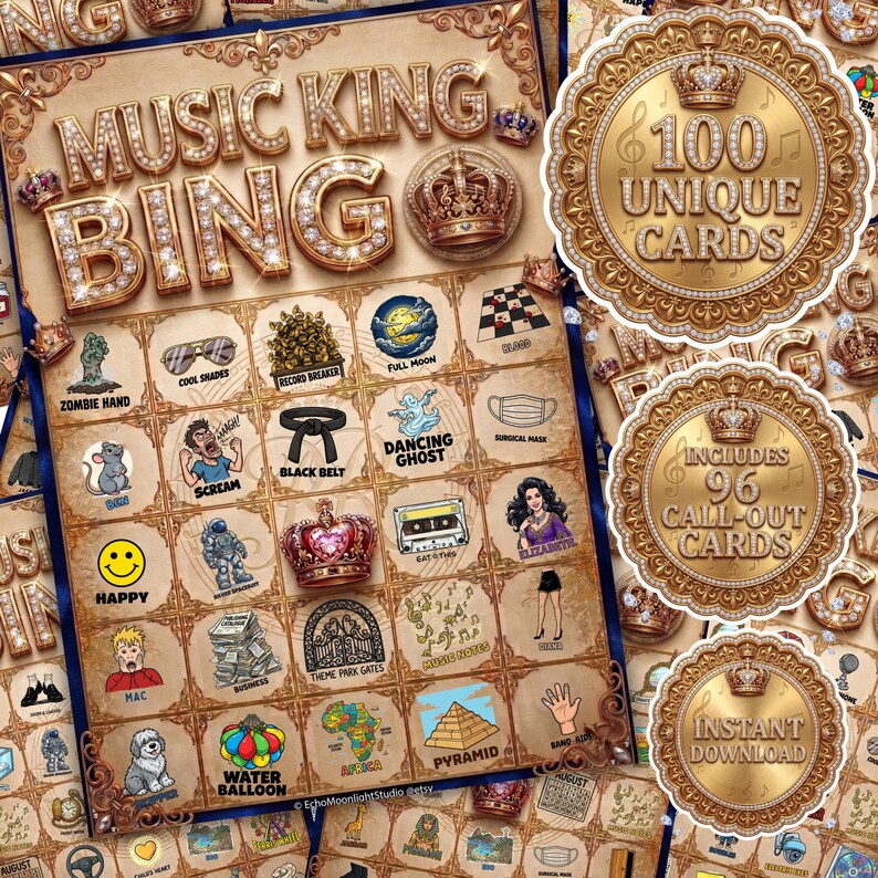 Puede incluir: Un juego de Bingo Music King con un dise&ntilde;o vintage. El tablero del juego presenta varias im&aacute;genes tem&aacute;ticas y las palabras "Music King Bingo" en una fuente enjoyada. Incluye 100 cartas &uacute;nicas y 96 cartas de llamada. Descarga instant&aacute;nea.