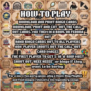 Puede incluir: Una gu&iacute;a de juego de bingo de estilo vintage con cuadrados ilustrados e instrucciones. El texto dice "C&oacute;mo jugar" y detalla los pasos para descargar, imprimir y jugar el juego. Incluye varias im&aacute;genes y texto tem&aacute;ticos.