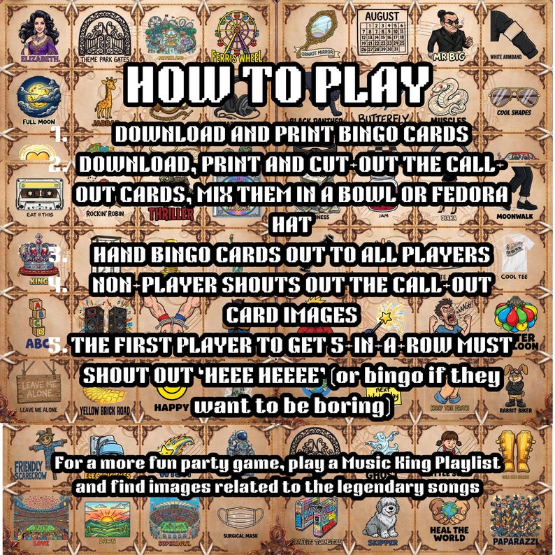Puede incluir: Una gu&iacute;a de juego de bingo de estilo vintage con cuadrados ilustrados e instrucciones. El texto dice "C&oacute;mo jugar" y detalla los pasos para descargar, imprimir y jugar el juego. Incluye varias im&aacute;genes y texto tem&aacute;ticos.