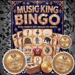 Puede incluir: Un kit de fiesta completo "Music King Bingo" con 100 cartas &uacute;nicas y 96 cartas de llamada. El dise&ntilde;o presenta una combinaci&oacute;n de colores dorados y azules con notas musicales, coronas e im&aacute;genes tem&aacute;ticas en las tarjetas de bingo.