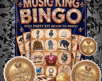 Gra w bingo Music King | 100 unikalnych kart | Legendarna gra imprezowa Pop Royalty z lat 70., 80. i 90. | Pobierz natychmiast