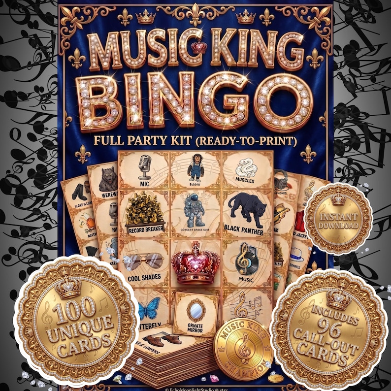 Puede incluir: Un kit de fiesta completo "Music King Bingo" con 100 cartas &uacute;nicas y 96 cartas de llamada. El dise&ntilde;o presenta una combinaci&oacute;n de colores dorados y azules con notas musicales, coronas e im&aacute;genes tem&aacute;ticas en las tarjetas de bingo.