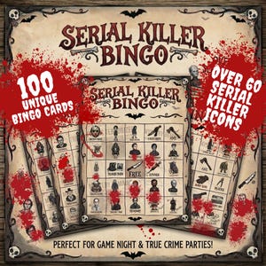 Może przedstawiać: Gra planszowa w stylu vintage zatytułowana "Serial Killer Bingo" z krwistym wzorem. Gra zawiera ponad 60 ikon seryjnych morderców i 100 unikalnych kart do bingo. Widoczny jest również tekst "Perfect for game night & true crime parties!"