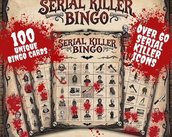 True Crime Serial Killer Bingo Game | 100 Unique Printable Cards | Horror Party Game | Adult Halloween Activity | Gothic Macabre Aesthetic