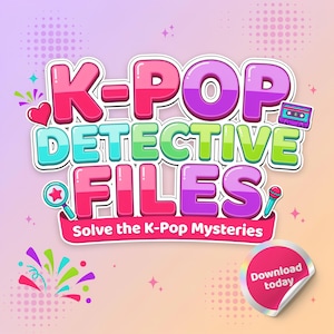 May include: A colorful graphic design featuring the text K-POP DETECTIVE FILES and Solve the K-Pop Mysteries. The image includes a pink heart, a purple cassette tape, a magnifying glass, a microphone, and a sticker that says Download today.