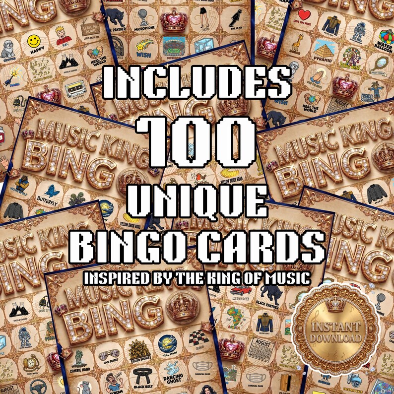 Puede incluir: Un conjunto de tarjetas de "Music King Bingo" con un dise&ntilde;o dorado y marr&oacute;n. Las tarjetas presentan varios iconos y el texto "Includes 100 Unique Bingo Cards Inspired by the King of Music". Tambi&eacute;n es visible una insignia dorada de "Descarga instant&aacute;nea".