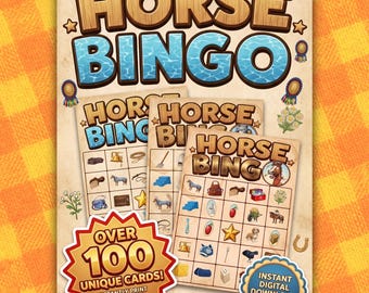 Gra w bingo dla koni do druku | 100 unikalnych kart i 60 ikon z nazwami | Zabawa na imprezę z kucykami, gry jeździeckie dla dzieci, natychmiastowe pobranie cyfrowe