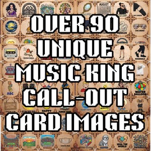 Puede incluir: Un collage de m&aacute;s de 90 "Im&aacute;genes de tarjetas de llamada Music King" &uacute;nicas con varias ilustraciones y texto. Las im&aacute;genes incluyen una mujer, una noria, una luna llena, una cinta de cassette y el texto "ABC".