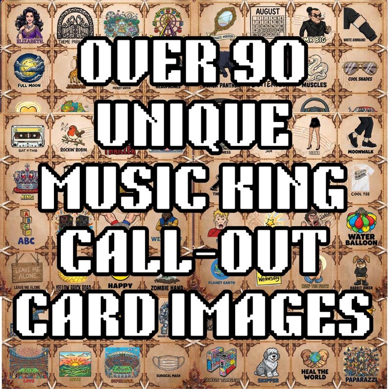 Puede incluir: Un collage de m&aacute;s de 90 "Im&aacute;genes de tarjetas de llamada Music King" &uacute;nicas con varias ilustraciones y texto. Las im&aacute;genes incluyen una mujer, una noria, una luna llena, una cinta de cassette y el texto "ABC".