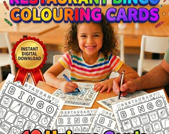 Gra w bingo w restauracji dla dzieci | Zestaw aktywności do jedzenia na mieście | Kolorowanka z zadaniami | Darmowa gra obiadowa na ekranie | Wersja cyfrowa do pobrania w wersji do druku