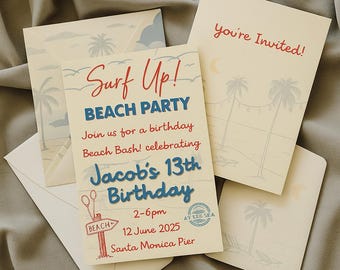 Editable Surf's Up Beach Party Birthday Invitation