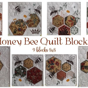 Honey Bee Quilt Blocks Machine Embroidery Designs 8"x8"