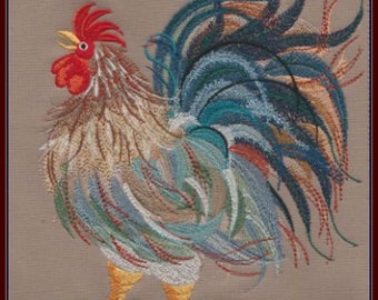 Uno splendido disegno per ricamo a macchina raffigurante un gallo.