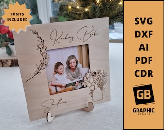 Wood grandmother mom photo picture holder flower frame laser cut stand svg dxf.