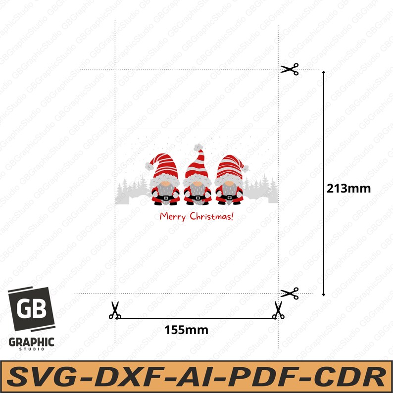 Puede incluir: Un dise&ntilde;o de tarjeta imprimible con tres gnomos rojos y blancos con barbas blancas y sombreros negros. Los gnomos est&aacute;n de pie frente a una escena de bosque nevado. El texto "&iexcl;Feliz Navidad!" est&aacute; impreso debajo de los gnomos. La tarjeta mide 14,5 cm por 21,3 cm.