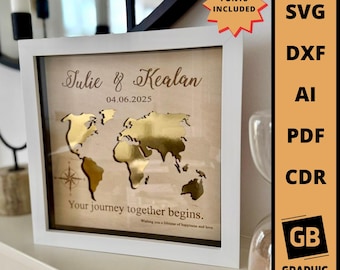 Personalized wedding world map money gift frame svg dxf English | Laser Cut Files