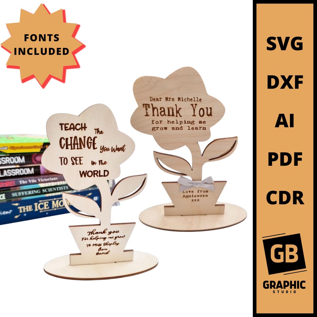 Wooden Flower in Pot for Teacher Gift Svg Dxf. Teacher Day Laser Cut ...