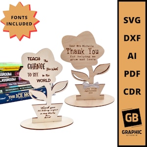 Fleur en bois en pot pour enseignant cadeau svg dxf. Fichiers découpés au laser pour le jour de l'enseignant.
