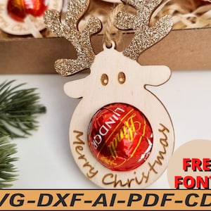 Gepersonaliseerde lindor rendieren herten hoofd svg dxf vector, rendieren laser gesneden rudolph rode neus gepersonaliseerde kerstbal, kerstversiering dxf