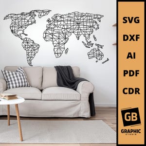 Gran mapa del mundo minimalista geométrico de madera, decoración de pared cortada con láser svg dxf.
