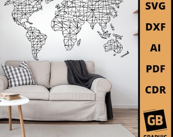 Large, wooden geometric minimalistic world map wall decor laser cut svg dxf.