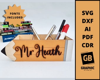 Pencil desk teacher gift desktop organizer svg dxf.