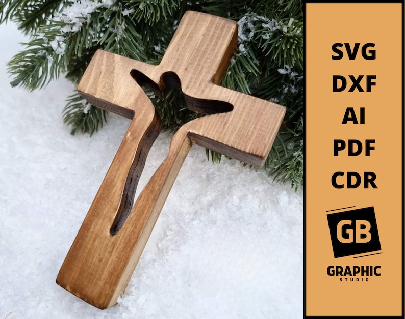 May include: A wooden cross with a cutout of a person in the center. The cross is stained a dark brown color and is sitting on a white surface.
