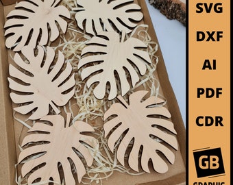 Monstera leaf wooden placemat cup table coffee tea drink coaster laser cut svg dxf.