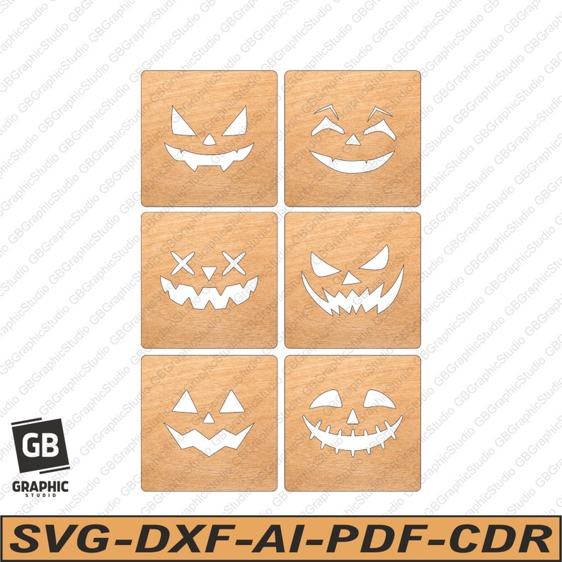 Halloween pumpkin face coasters set svg dxf pdf.