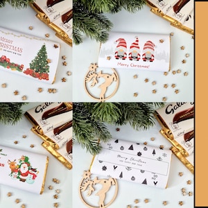 May include: Four different designs for chocolate bar wrappers featuring Christmas themes. The designs include a Christmas tree, gnomes, Santa Claus, and a pattern of Christmas icons. The wrappers are white with red and green accents. The text on the wrappers reads "Merry Christmas" and "Happy New Year".