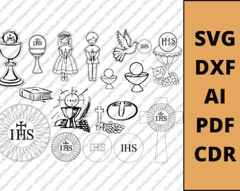 May include: A set of black and white illustrations of religious symbols, including a chalice, a host, a cross, a dove, and a sunburst with the letters "IHS".