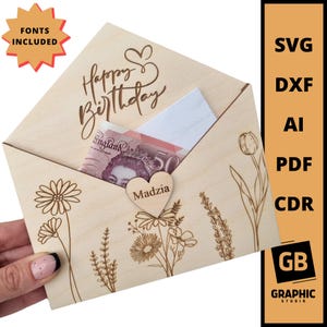 Busta porta denaro in legno per compleanni, regalo per lei in formato svg dxf.