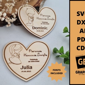 Thanks to First Holy Communion the guests souvenir dxf svg heart laser cut.
