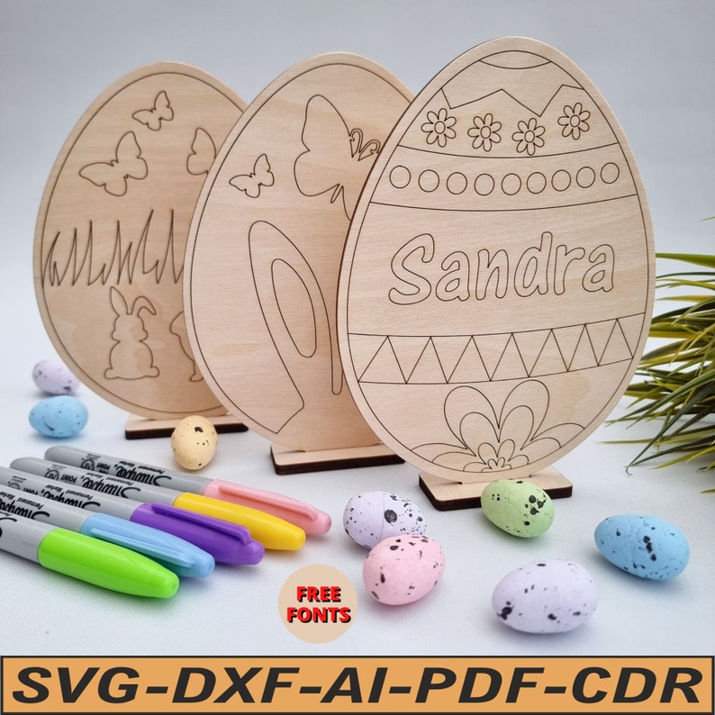 Personalised with a name easter eggs stand DIY paint coloring kit decorations laser cut dxf svg ai pdf cdr