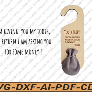 Accroche-porte personnalisé fée des dents svg dxf, accroche-porte fée des dents svg dxf, sac fée des dents svg dxf, porte fée des dents, cadeau fée des dents